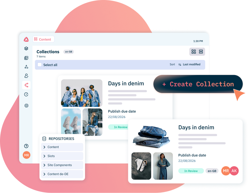 App interface showing a “Days in denim” collection with “Create Collection” button.