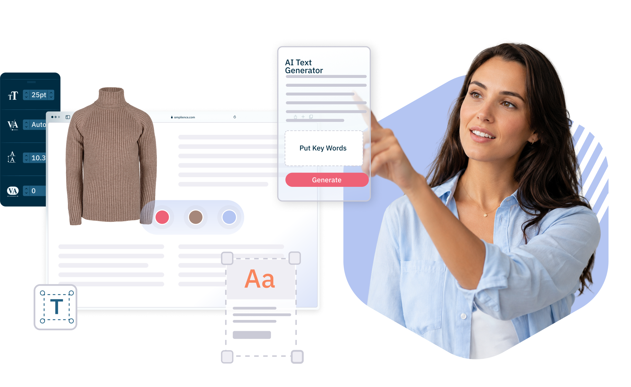 Woman using an AI text generator interface next to a ribbed turtleneck sweater mockup.