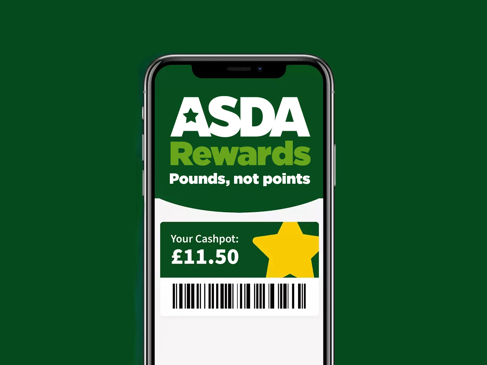 Smartphone showing ASDA Rewards app with cashpot £11.50 and a barcode.