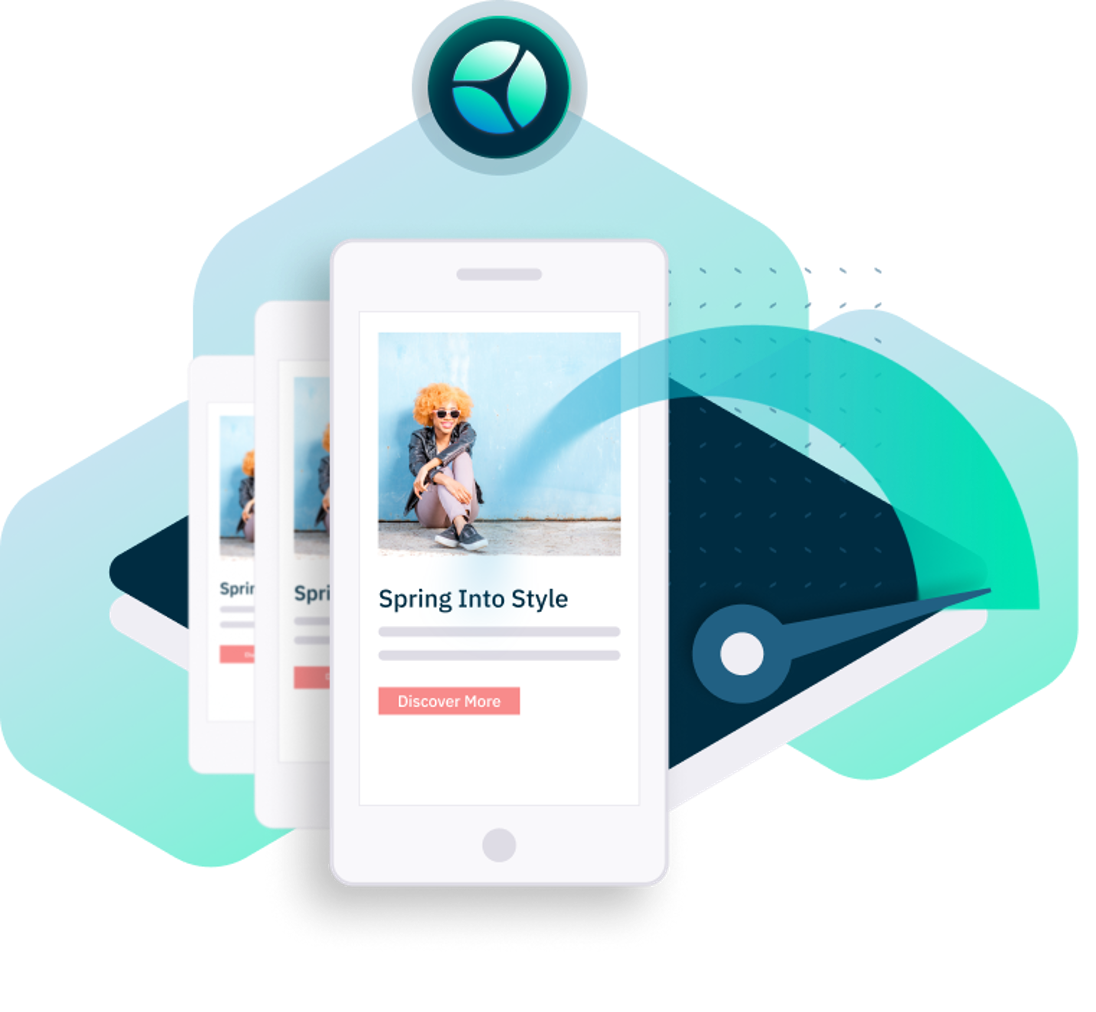 Mobile interface showing "Spring Into Style," with blurred image and "Discover More" button.