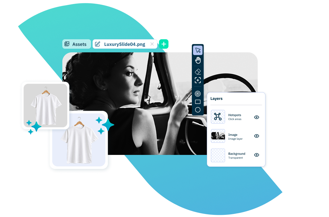 Screenshot of an image editor with a photo of a woman in a car and T-shirt product mockups.