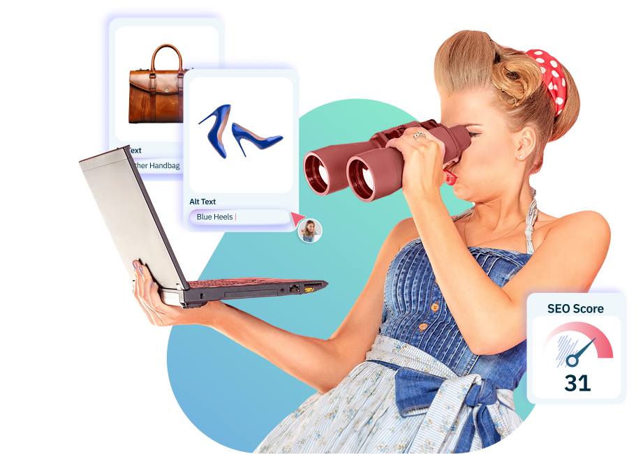 Woman holding a laptop and looking through binoculars beside product image cards and SEO score icon.