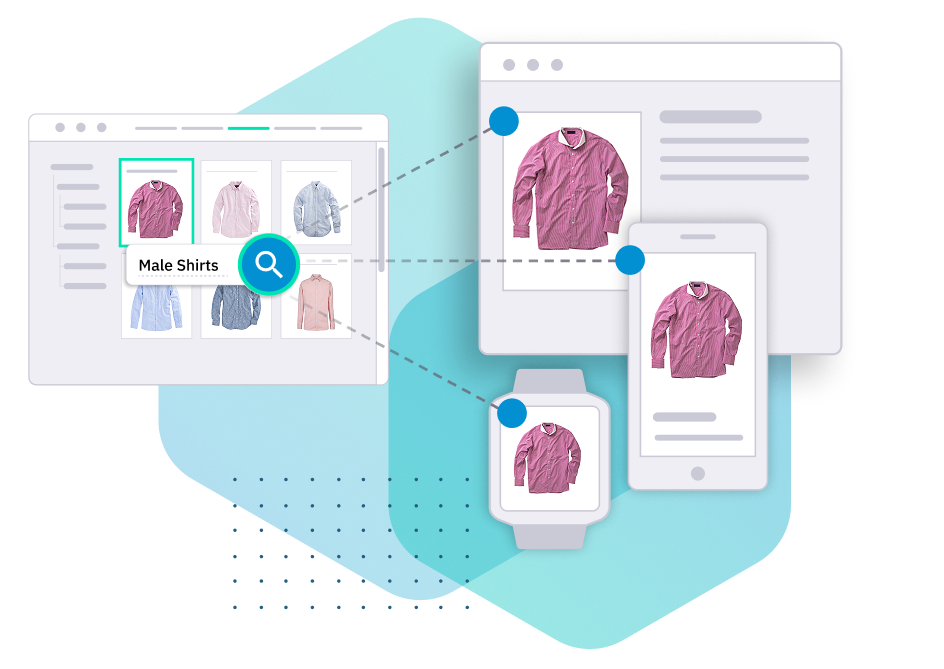 Product search interface showing men’s shirts with a pink shirt preview on desktop, phone, and watch.