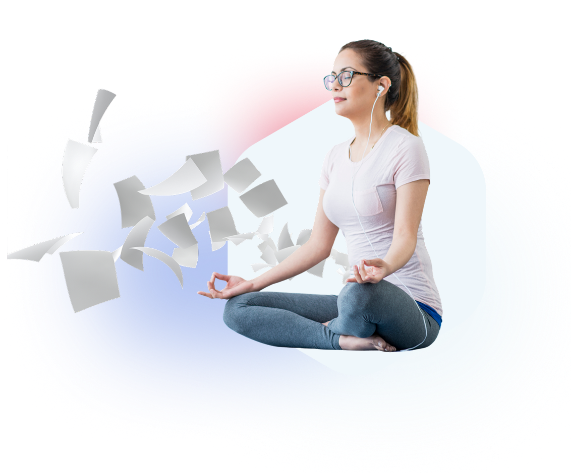 Woman wearing glasses and earphones meditating cross-legged with papers flying beside her.