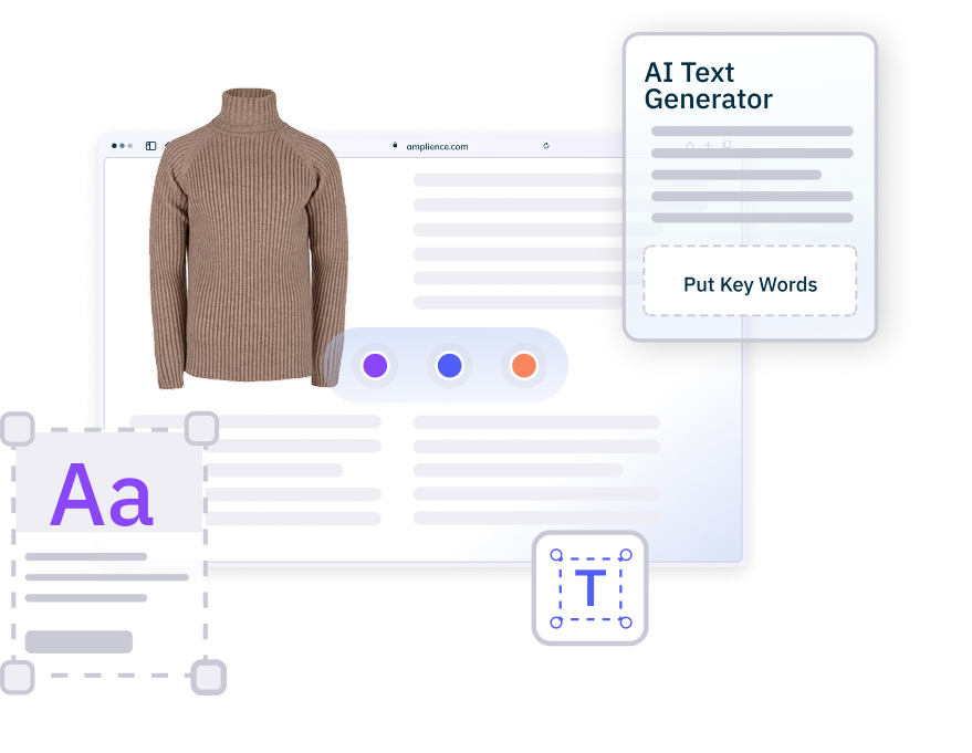 Ribbed turtleneck sweater shown on a website mockup with an “AI Text Generator” panel.