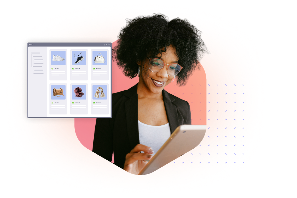Woman using tablet with online shop interface showing shoes, bag, and accessories.