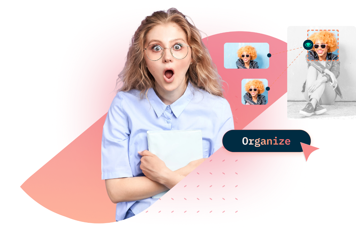 Surprised woman holding a folder beside photo thumbnails and a button labeled "Organize".