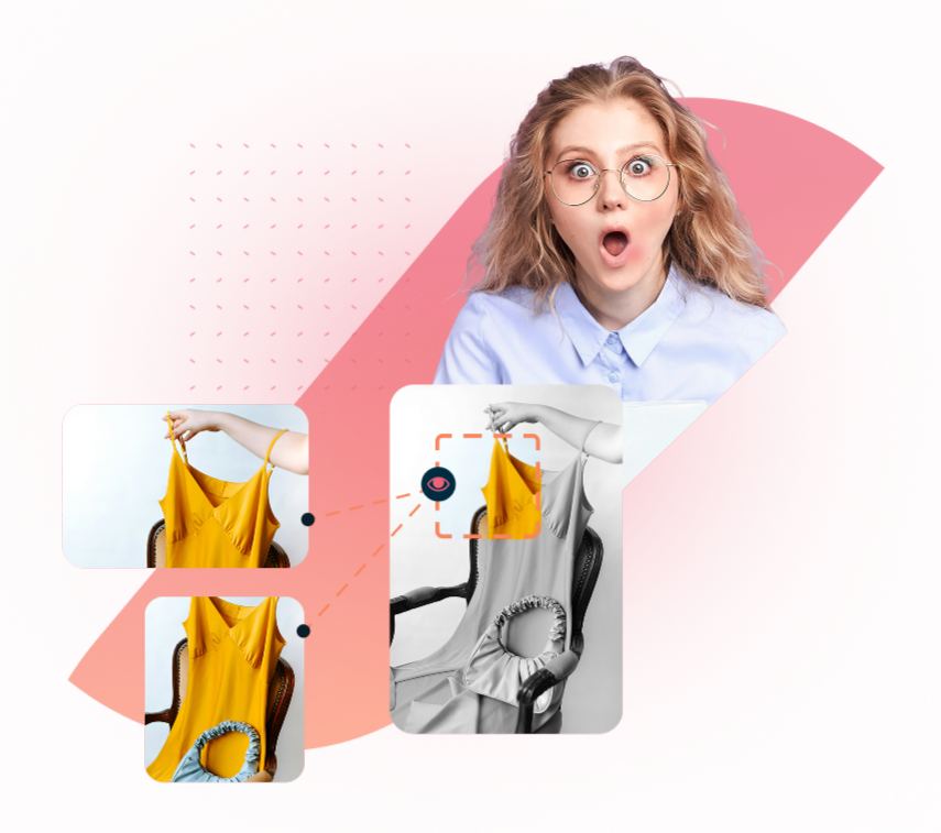 Surprised woman with glasses above images of a yellow dress being edited on a chair.