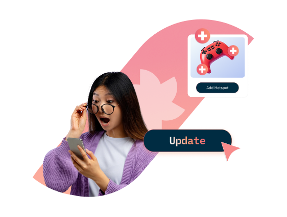 Woman looking surprised at phone, with update and add hotspot icons.