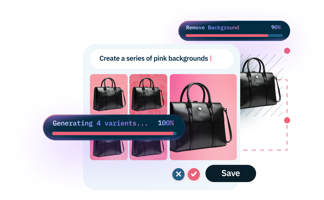 Editing tool generating pink background variants for a black handbag, with Save button.
