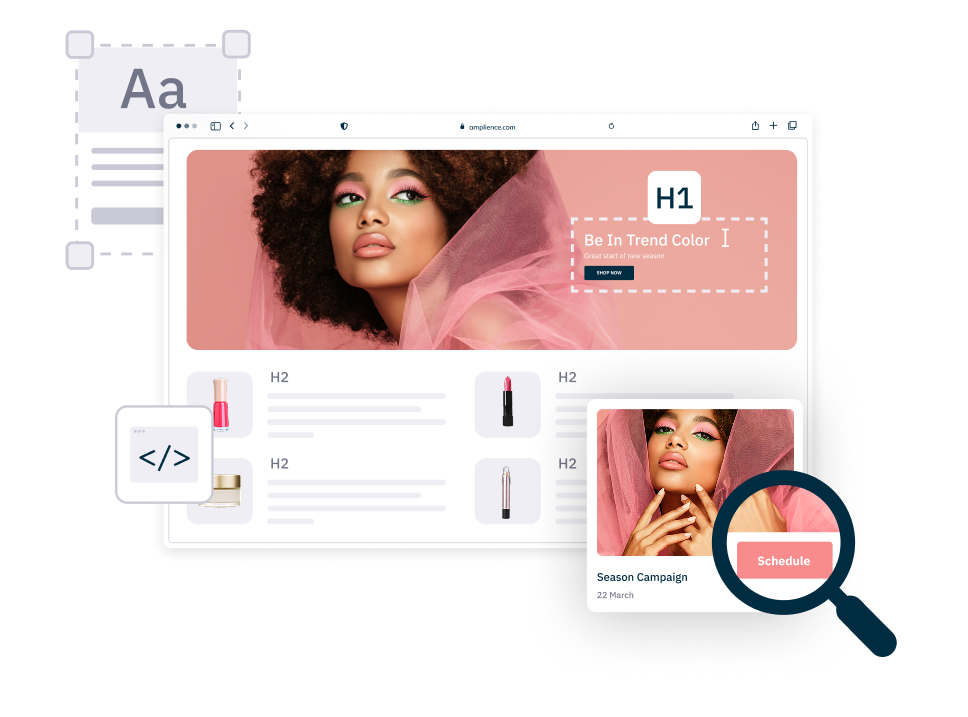 Website mockup with beauty banner image, “Be In Trend Color” headline, and schedule button.