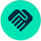 Teal circle icon showing a stylized handshake.