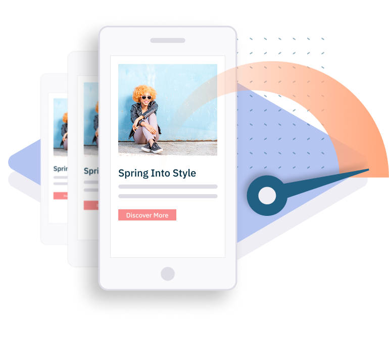 Smartphone screen showing “Spring Into Style” ad with a seated model and “Discover More” button.