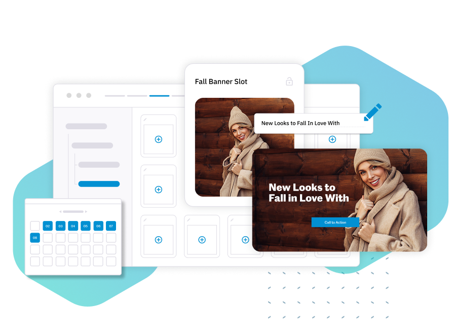 Website banner editor mockup showing a fall promo card with a woman in a knit hat and scarf.