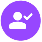 White user icon with a check mark in a purple circle.