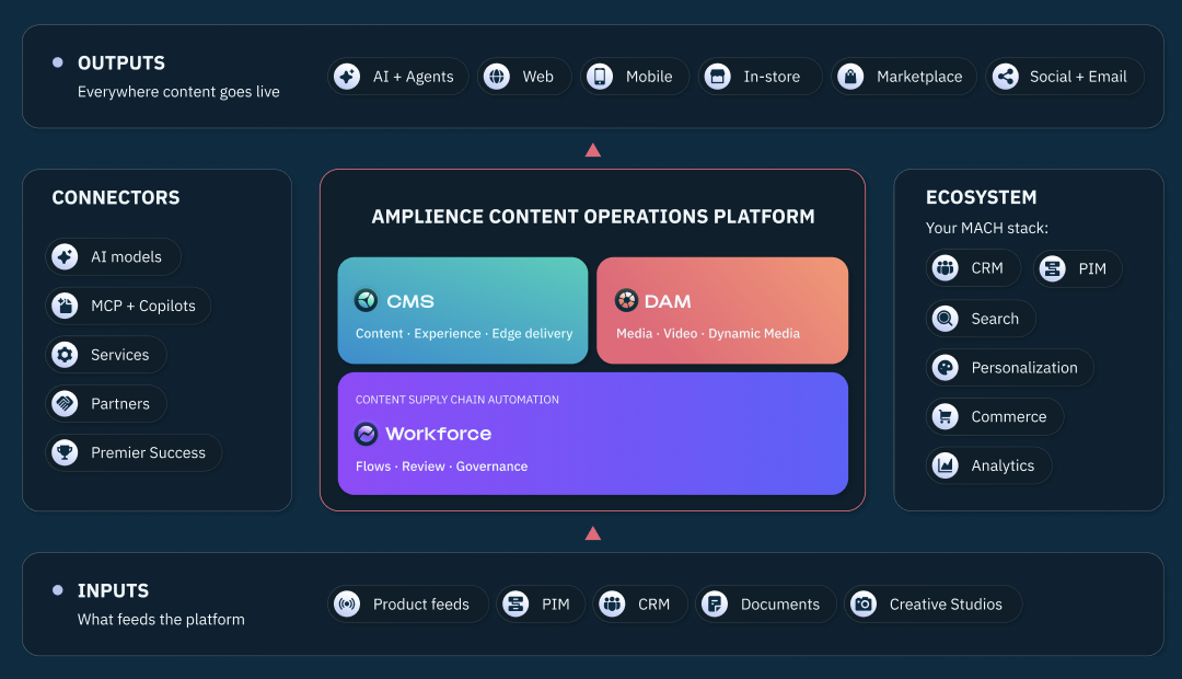 Amplience content operations platform diagram showing CMS, DAM, and Workforce with inputs and outputs.