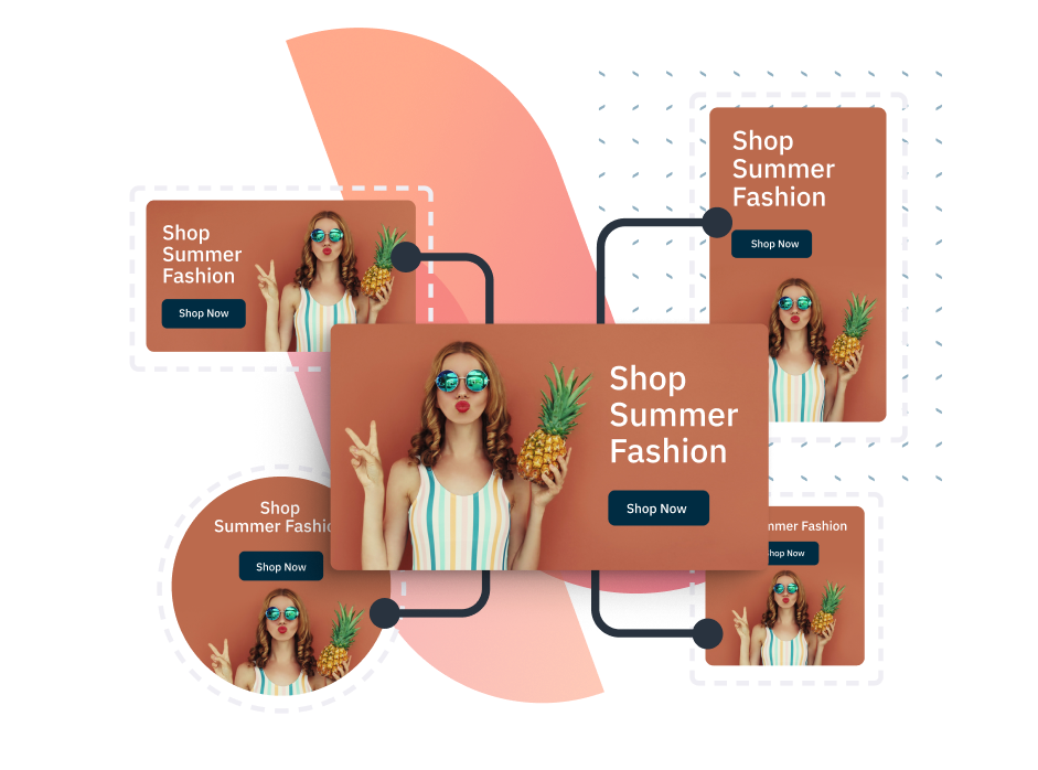 Shop Summer Fashion ad featuring woman in sunglasses holding a pineapple and making a peace sign.
