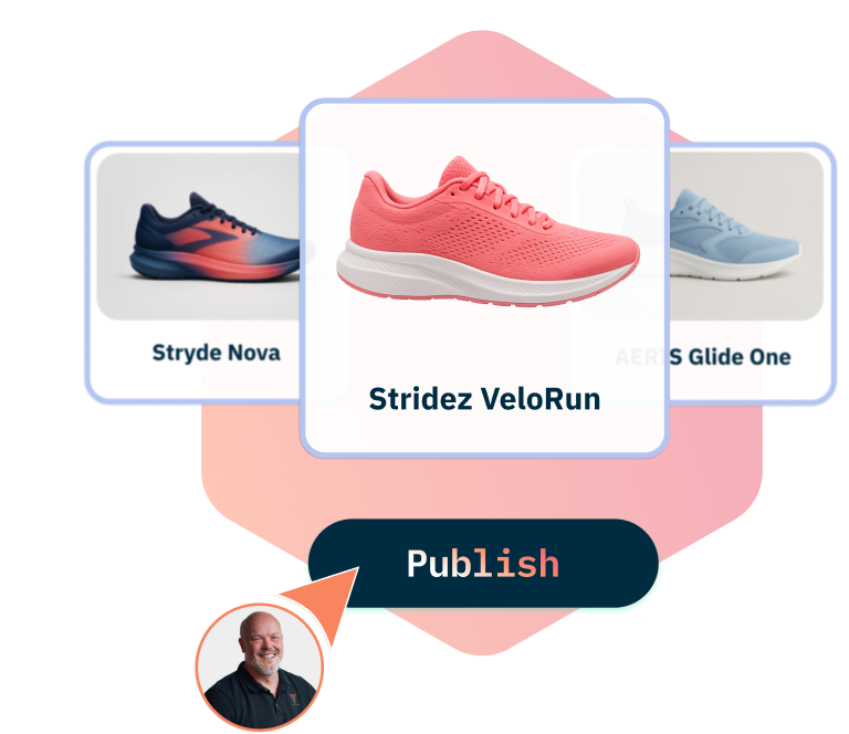 Stridez VeloRun running shoe shown with Publish button and other shoe options.