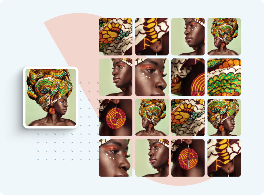 Grid of photos showing a woman in a colorful headwrap and round beaded earrings.