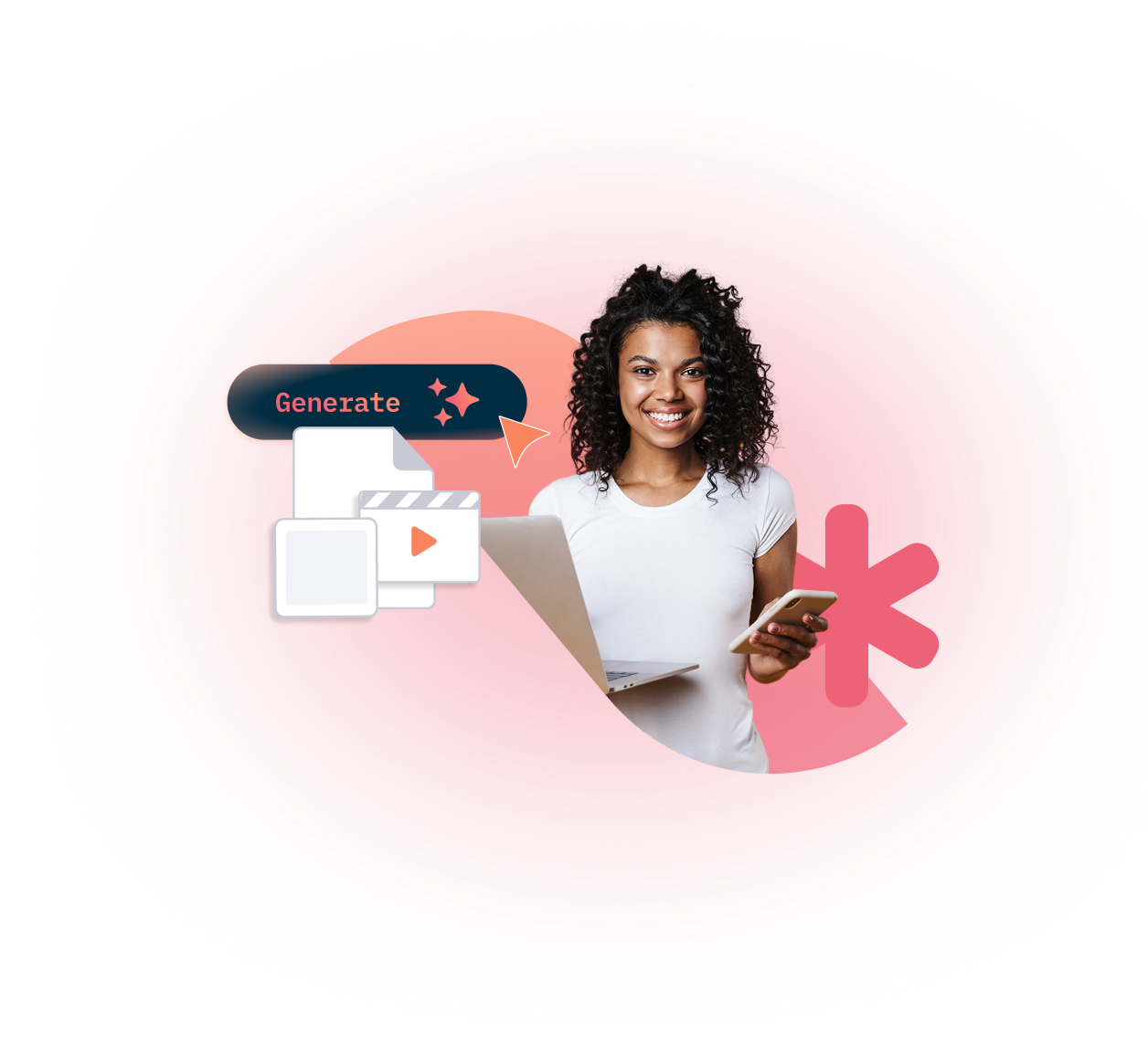 Smiling woman holding a phone beside laptop, with “Generate” button and media icons.