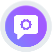 Chat bubble with a gear icon inside on a purple gradient circle.