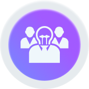 Three figures with a lightbulb head in front, on a purple circular background.