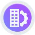 Building and gear icon on a purple circular background.