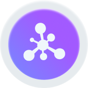 White molecular structure icon on purple circular background.