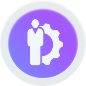 Icon of a person beside a gear on a purple gradient background.