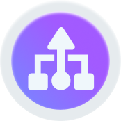 White flowchart icon on purple circle background.