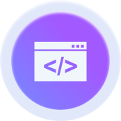 Icon of a web page with HTML code brackets on a purple circular background.