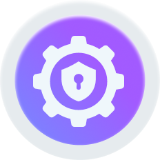 Gear icon with a shield and keyhole in the center on a purple gradient background.