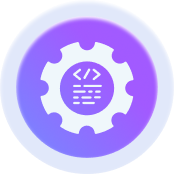 Gear icon with code symbol inside on a purple circular background.