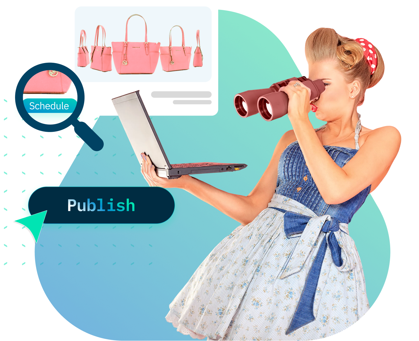 Woman in vintage dress using binoculars and holding a laptop, with images of pink handbags on screen.