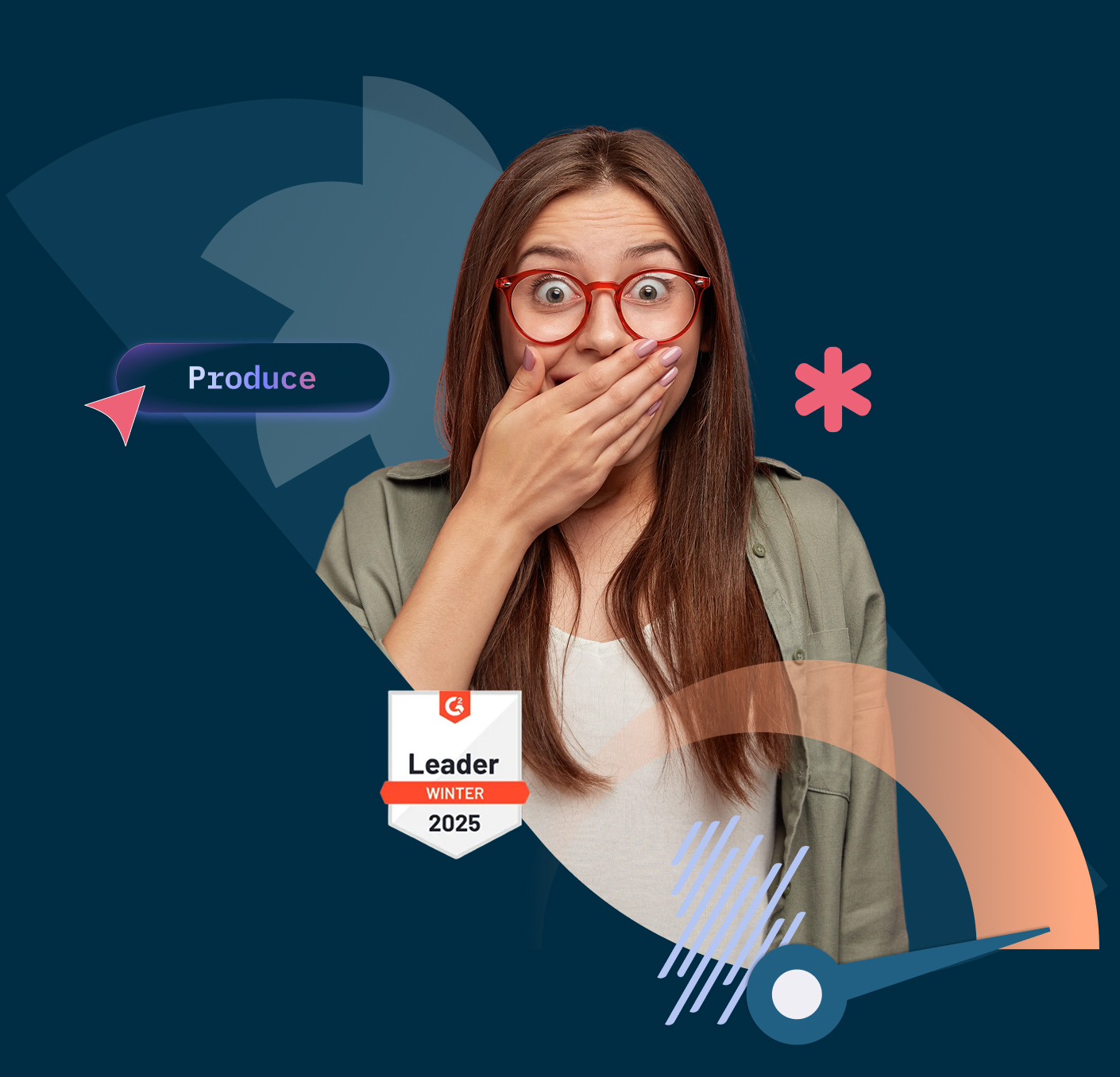 Woman with red glasses, hand over mouth, surprised expression. "Leader Winter 2025" badge displayed.