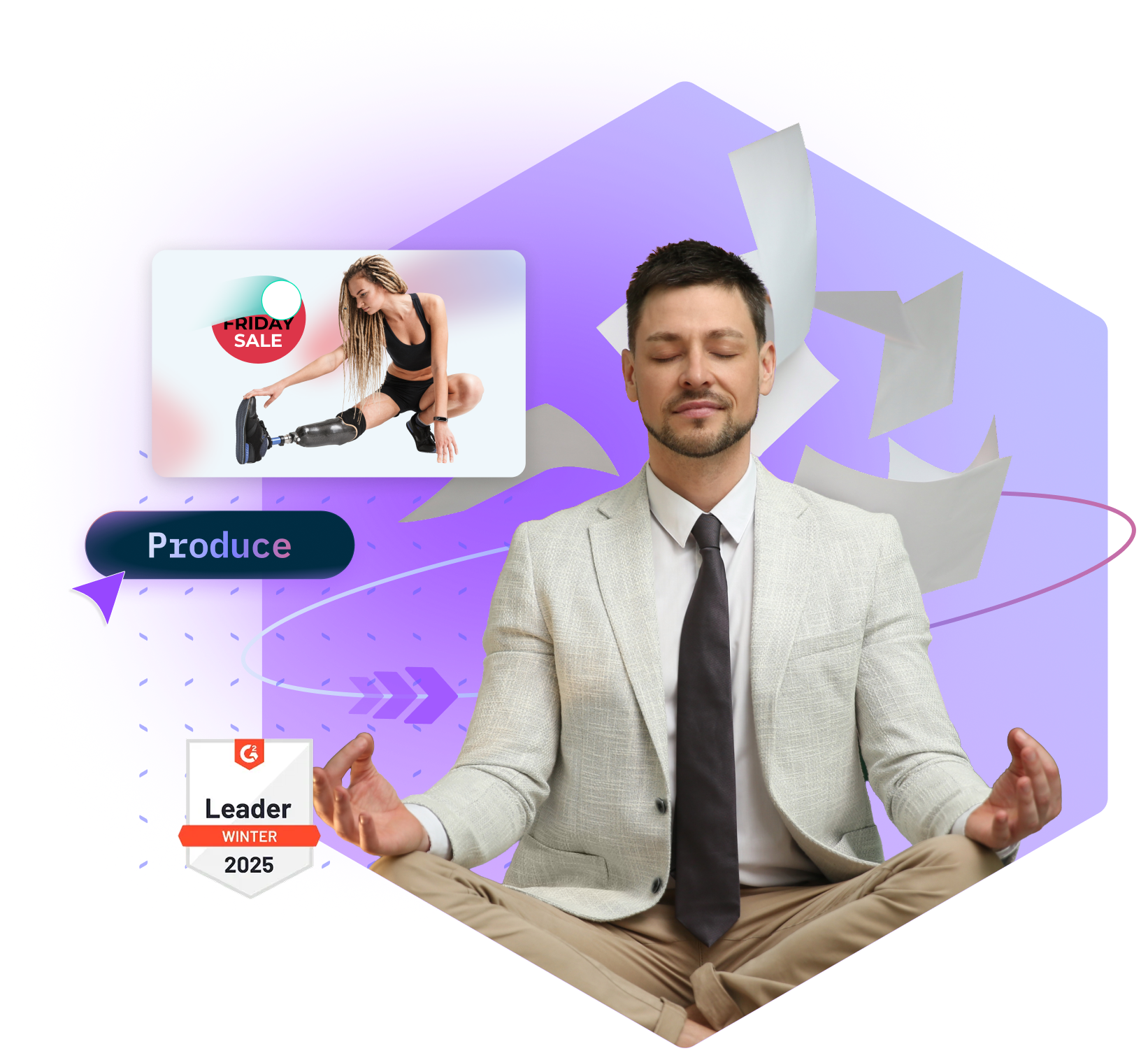Man in a suit meditating, with a "Friday Sale" ad and "Leader Winter 2025" badge.